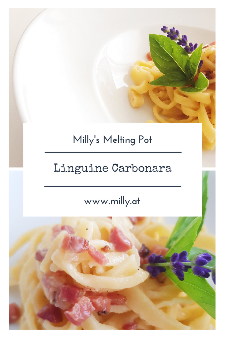 Diese hausgemachten #Linguine mit Carbonara Sauce sind ein Gaumenschmaus. Die Pasta mit Biss saugt die cremig käsige Sauce auf und verbindet sich super mit dem Tiroler #SChinkenspeck. 'hausgemacht #pasta #carbonara #schnell #rezept #diy